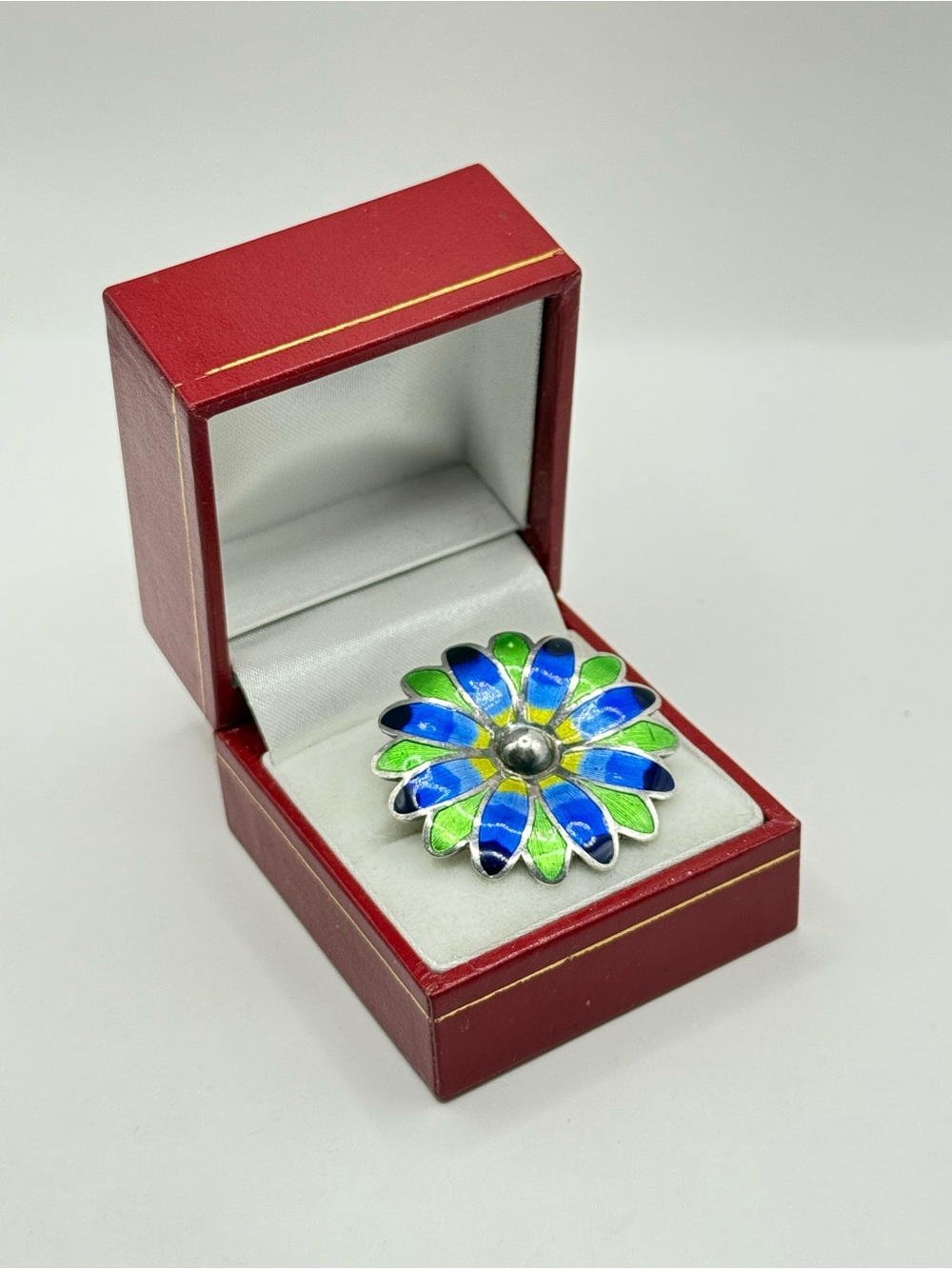 Blue and Green Floral Enamel Brooch - Women's jewelry Sterling silver 925